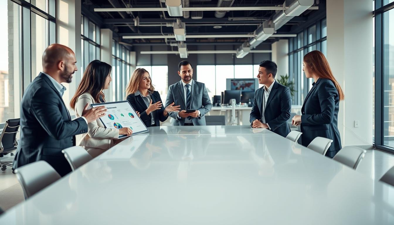 A bustling office setting with professionals discussing AI-powered business solutions. In the foreground, a team of consultants gathered around a sleek, minimalist table, gesturing enthusiastically as they present insights on a large, high-resolution display. The middle ground features a client, dressed in a sharp suit, listening intently, a contemplative expression on their face. The background showcases a modern, airy workspace with floor-to-ceiling windows, allowing natural light to pour in and create a warm, inviting atmosphere. The overall scene conveys a sense of expertise, collaboration, and the transformative potential of AI-driven services.