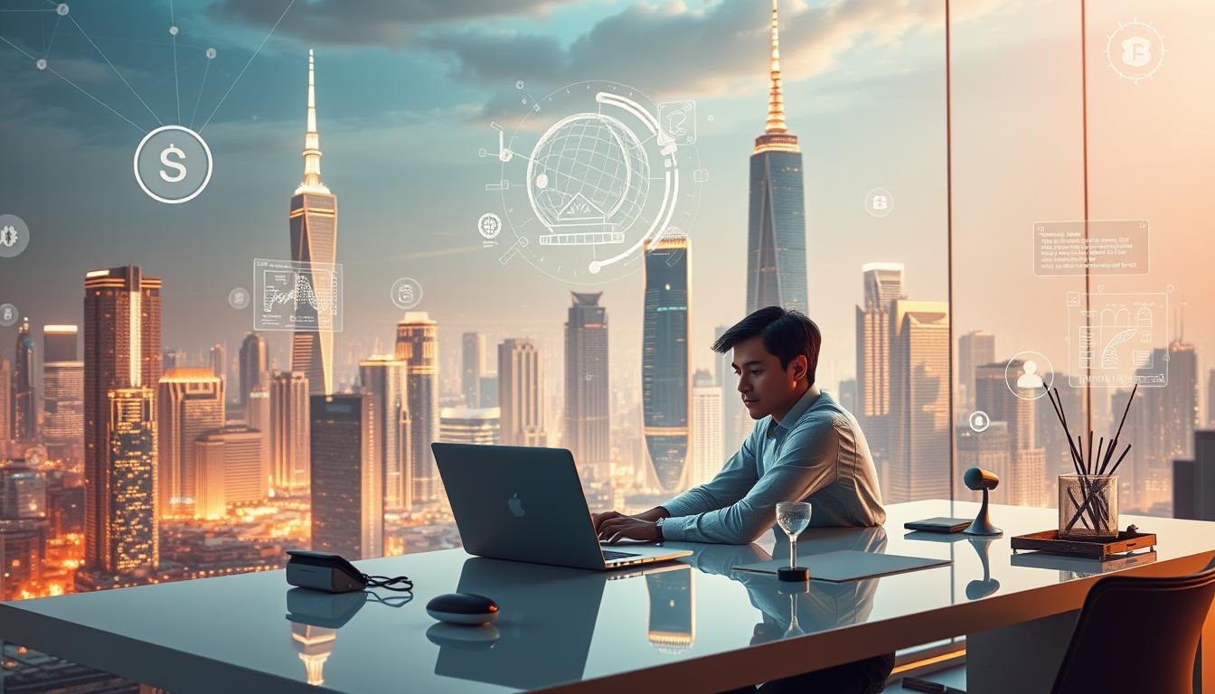 A futuristic cityscape with gleaming skyscrapers and floating holographic displays, bathed in a warm, golden light. In the foreground, a young professional sits at a sleek, minimalist desk, intently focused on a laptop, surrounded by an array of cutting-edge AI tools and devices. Ambient data visualizations and virtual assistants populate the scene, hinting at the lucrative potential of AI-powered side hustles in the year 2025. The overall mood is one of innovation, technological advancement, and financial prosperity.