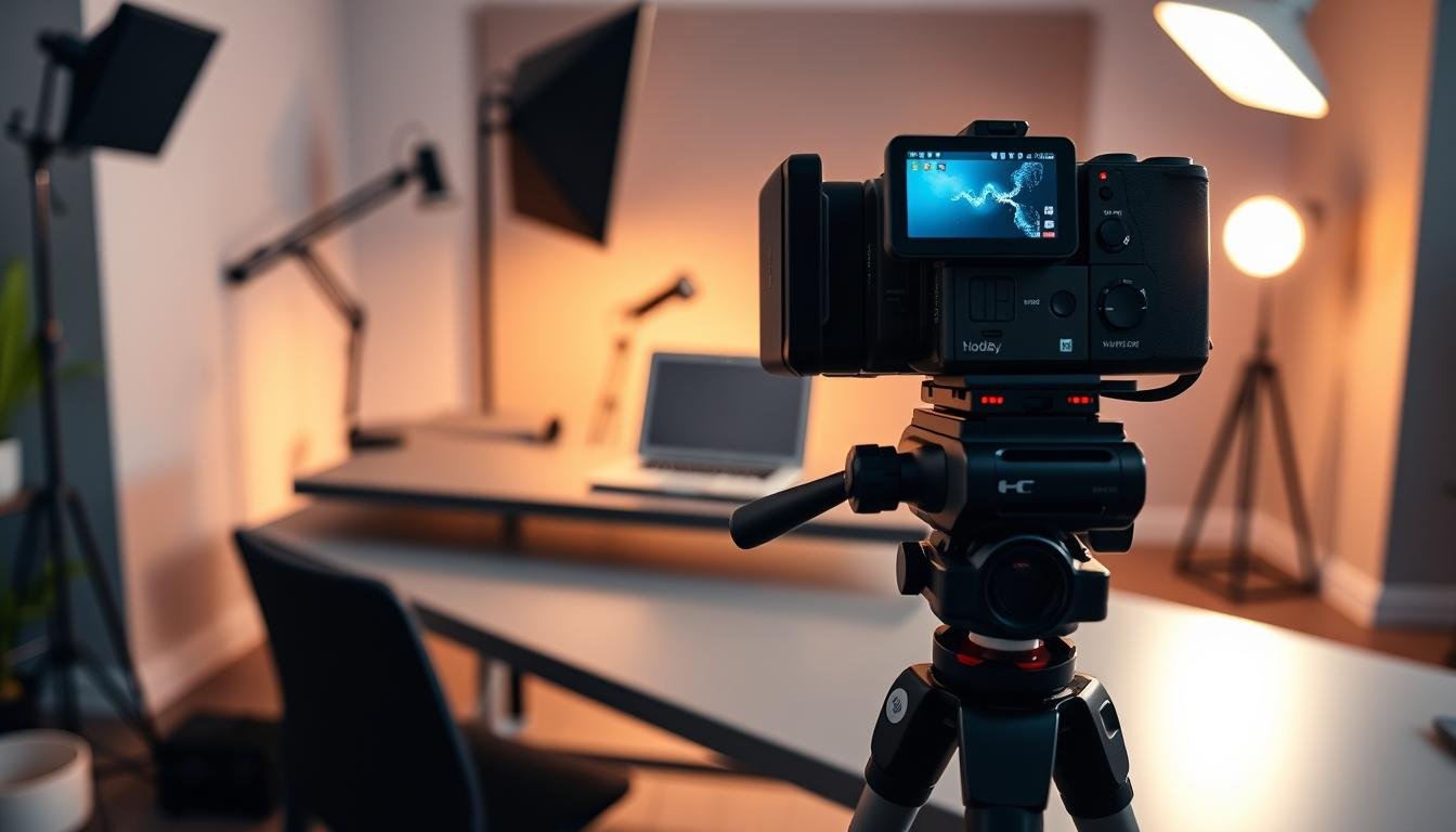 A well-lit, professional YouTube channel setup. In the foreground, a high-quality camera on a sturdy tripod captures the frame. The middle ground features a sleek, modern desk with a powerful laptop, microphone, and lighting equipment. In the background, a minimalist backdrop with muted colors creates a focused, distraction-free environment. Warm, soft lighting illuminates the scene, creating a cozy, inviting atmosphere. The overall setup conveys a sense of professionalism and attention to detail, perfectly suited for an engaging, high-quality content creation experience.